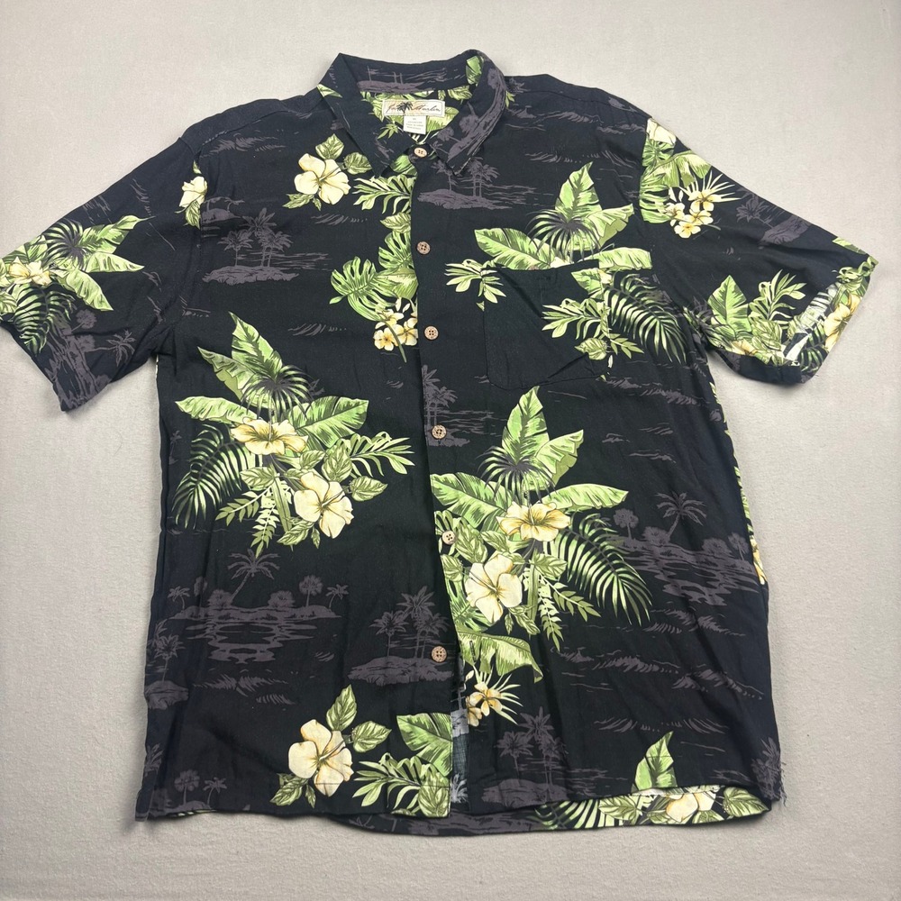 Joe Marlin Mens XL Tropical Hibiscus Palm Tree Button Down Camp Shirt Black